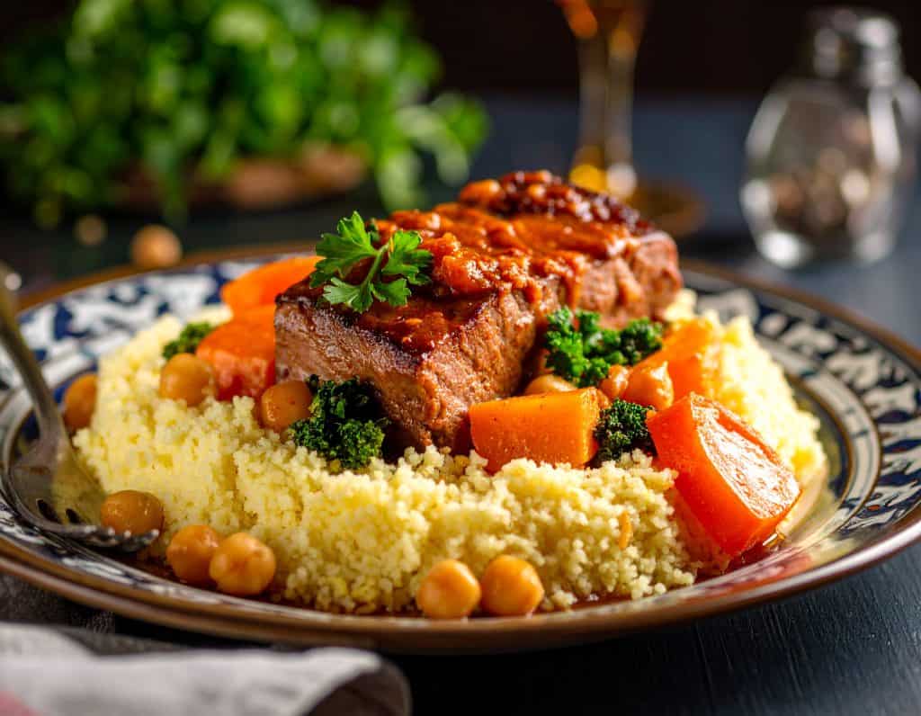 Firefly מנה של קוסקוס עם ירקות וחומוסים לצד חתיכה של בשר ברוטב אדום על צלחת יפה 725062